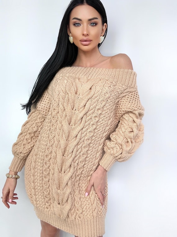 chinese dress ladies Oatmeal Cable Knit Drop Shoulder Loose Fit Sweater Dress Oatmeal / Xs / 100%Polyester by Blue Zone Planet