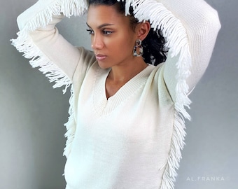 Knitted pastel white sweater fringe V-neck /environmentally friendly wool pullover/boho sweater/boho style for women/merino wool sweater