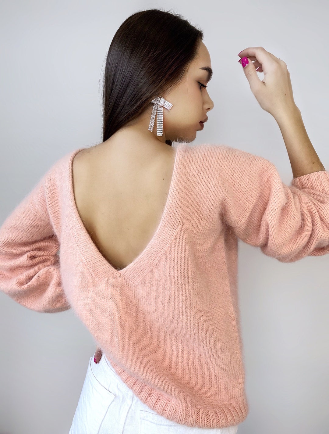 Peach Knit Angora Sweater Open Back Deep Neckline Fluffy Pink