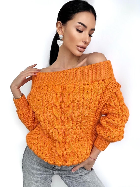 Cable Knit Sweater off the Shoulder Orange Grapefruit Coral Chunky