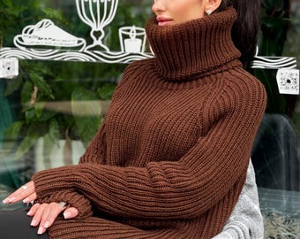 Hand knit merino wool brown chocolate big collar long sweater large turtleneck Cable Knit Pastel wool pullover Chunky knit sweater dress