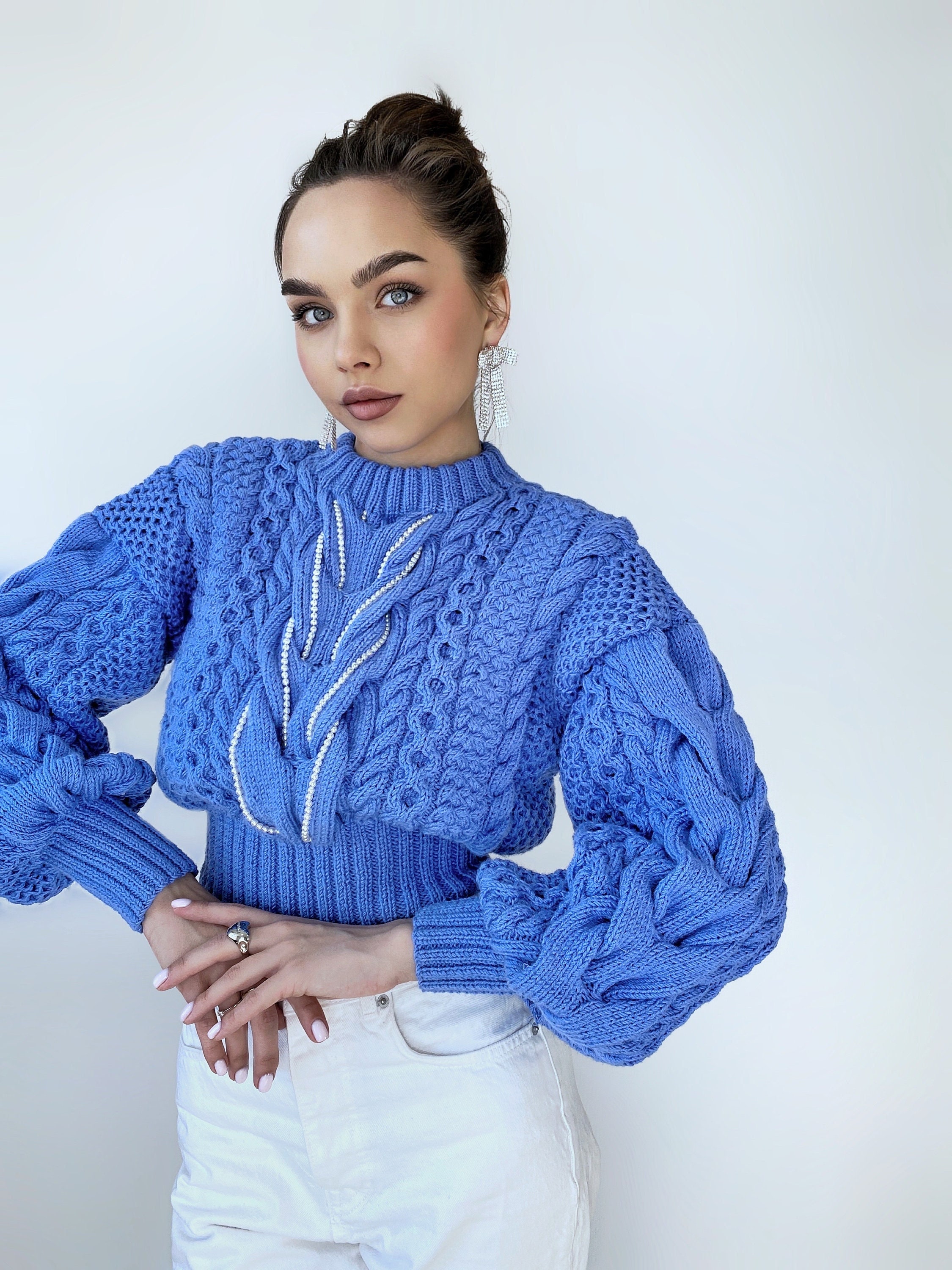 Cropped Blue Sweater Hand Knitted Braid Embellishment Beads Pearl