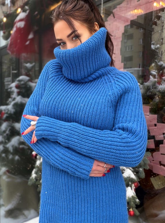 blue turtleneck sweater dress Large Chunky Knit Wool in High Collar Long Sleeves Pullover Womens Chunky Knit Sweater Plus Size size Small (8/10)