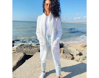 Merino wool chunky knit cardigan White midi Long Maxi Cardigan Long oversized coat Cable knit crochet cardigan sweater Cocoon knit coat