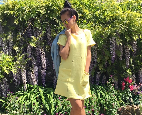 Knit Organic Cotton Mini Yellow Dress Short Sleeve Vintage Style Dress  Summer Lemon Milk Dress Beach Dress Distressed Sweater Dress - Etsy