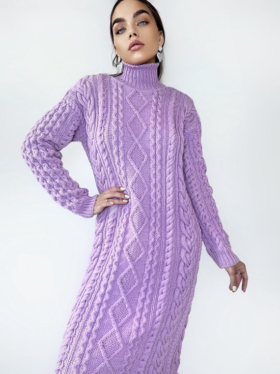 lilac knitted dress Bethany Merino Wool Ribbed Swing Dress