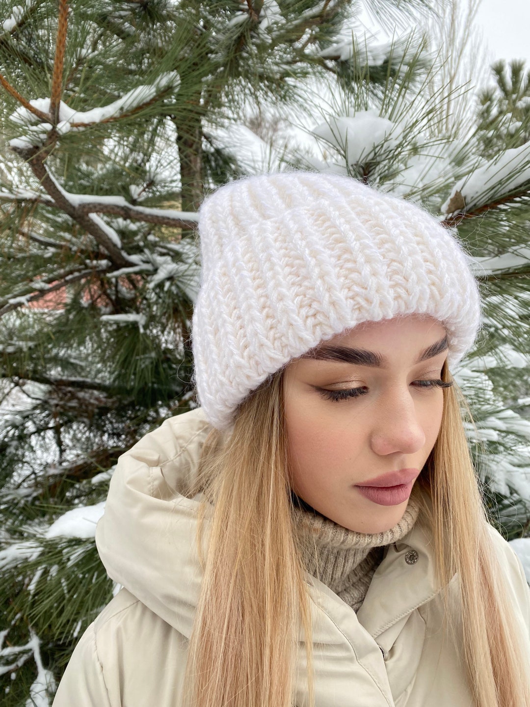 Chunky Mohair Beanie, Womens Winter Knit Hat, Pastel Blue