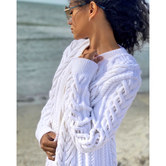 Maxi hand knit white pastel black wool сardigan for women Chunky knit midi cardigan Cream wool cable knit cardigan Short braided cardigan