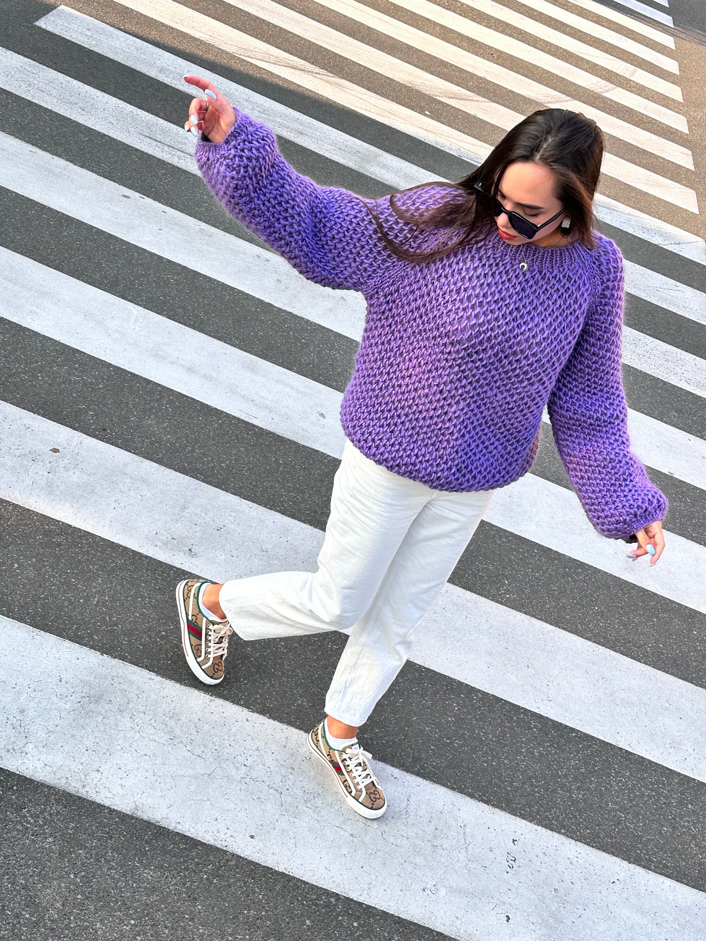 Chunky Hand Knit Alpaca Wool Soft Violet Sweater Purple Hand Knit