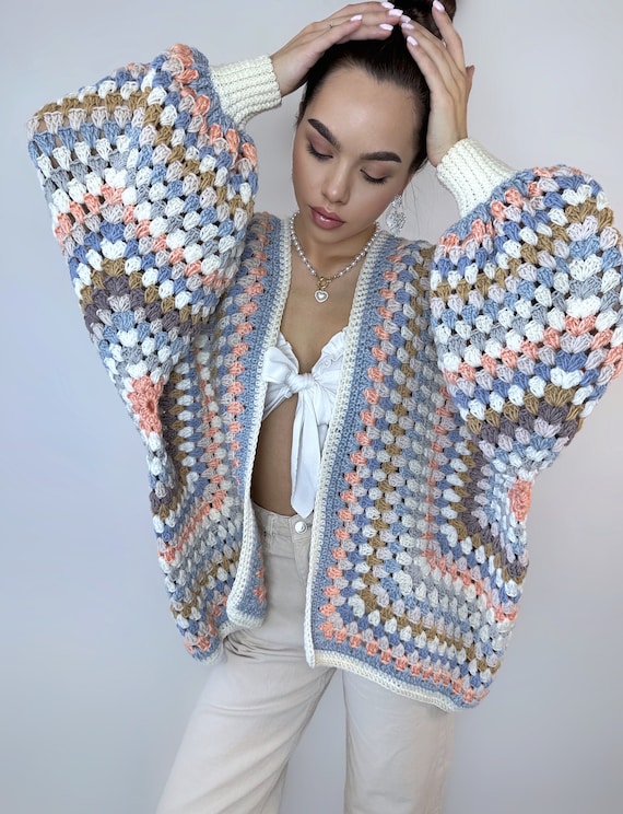 パステルクロシェグラニースクエアカーディガンクロシェ着物カラフル