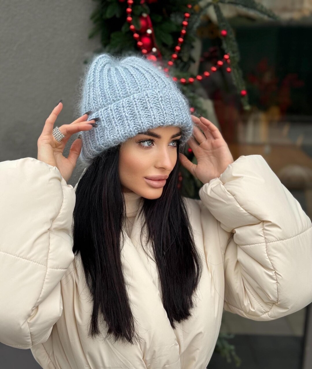 Mohair Winter Hat Blue Women Beanie Hat Blue Knitted Fluffy  display picture 1