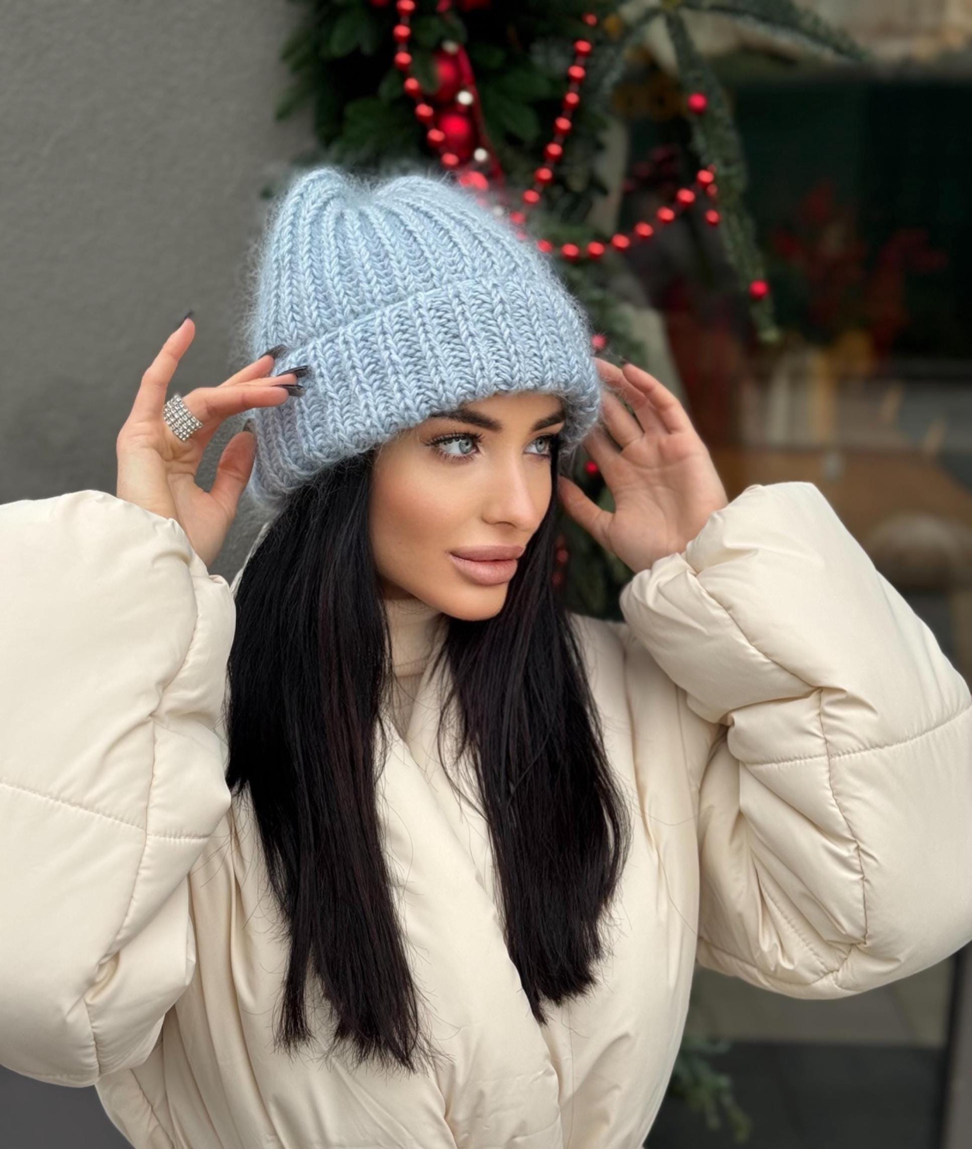 Hood Hat Women Beanie Hand Knit Wool Blue Winter Snood Beret Gift NEW Snow Society Winter Hats for Women main image 2