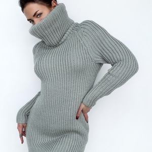 Large handmade merino wool gray Sweater turtleneck Big high collar long sleeves sweater dress Chunky knit wool pullover Womens