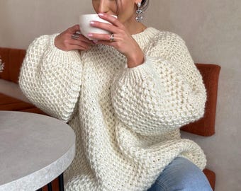 Maglione in lana di alpaca lavorato a mano a maglia grossa, maglione oversize lavorato a maglia, morbido pullover unisex di lusso