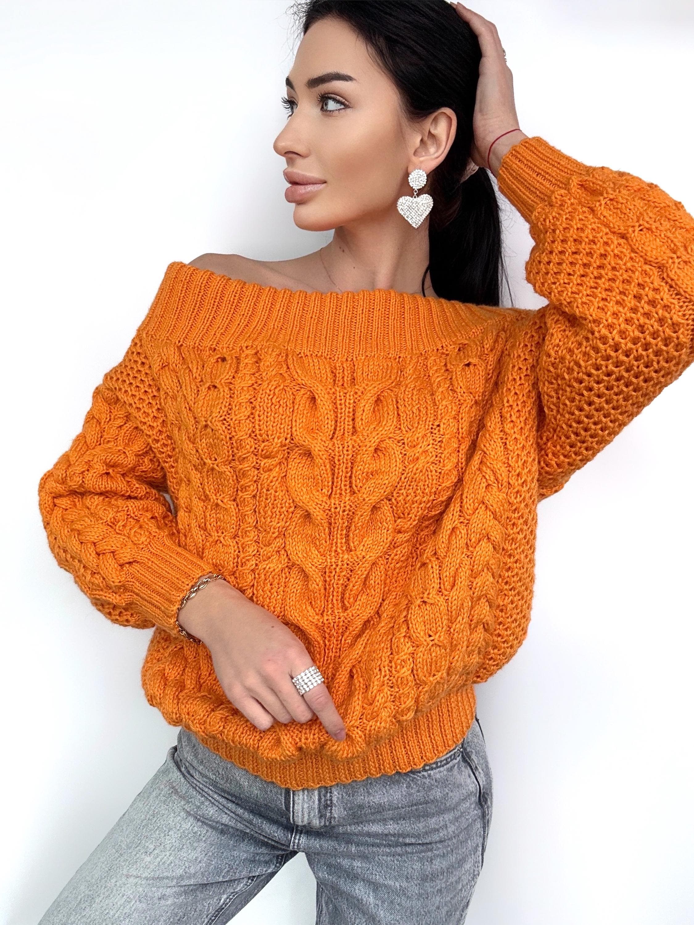 Cable Knit Sweater off the Shoulder Orange Grapefruit Coral Chunky