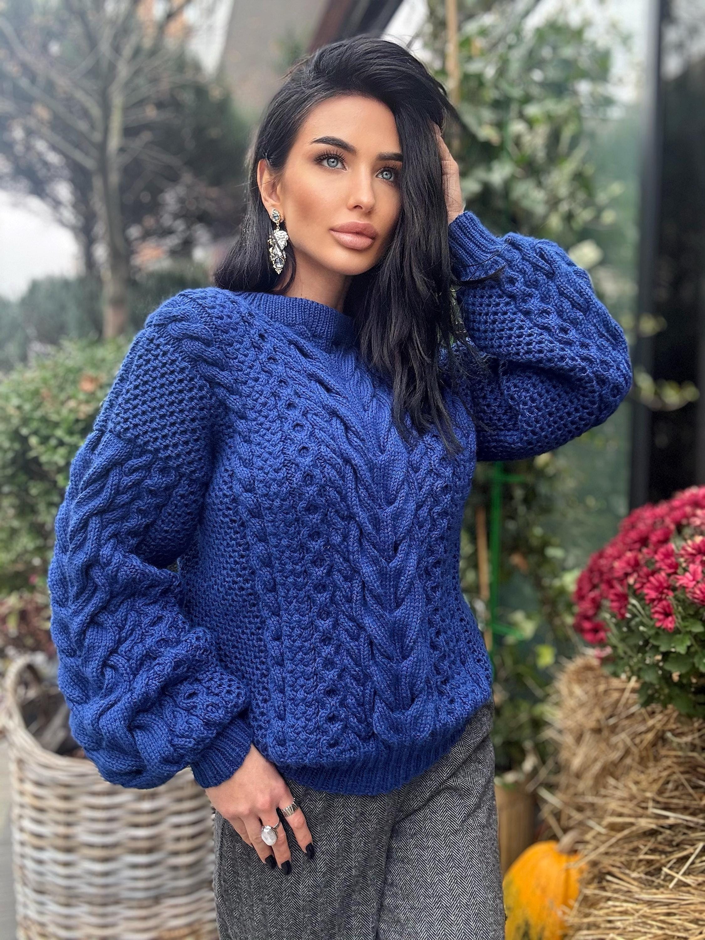 Navy Blue Aran Hand Knit Soft Wool Sweater for Women Hand Knit