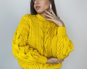 Hand knitted yellow sweater soft wool for women Oversized women’s knit jersey Three-quarter sleeve Chunky lemon sweater