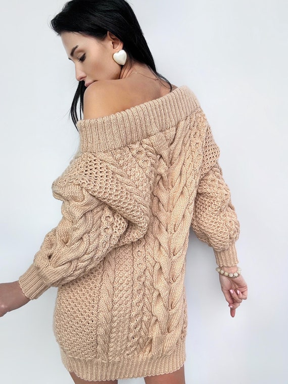 Off Shoulder Chunky Cable Knit Dress Hand Knit Sweater Dresses For Women  Beige Caramel Off Shoulder