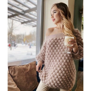 Mohair beige oversized sweater dress off the shoulder Chunky hand knit dress Open shoulders wool long sweater Many colors sweater-dress