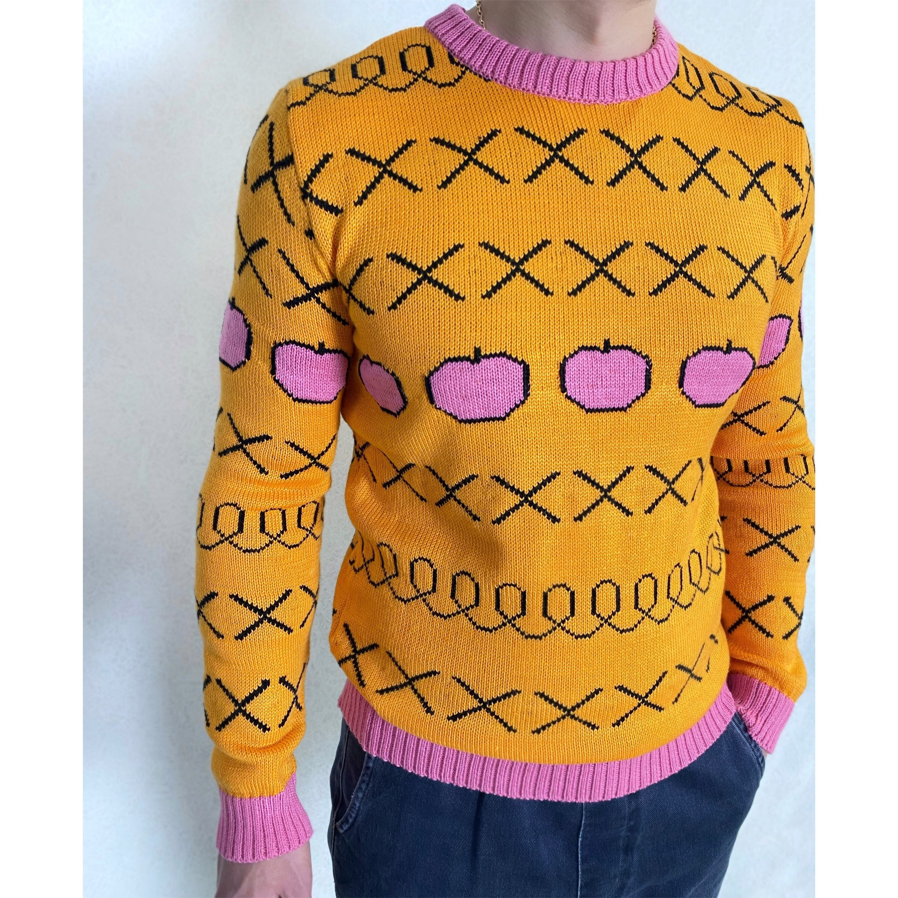 Hand knit yellow sweater Yellow pink orange X knit apples pullover Men’s knitted sweater Pink apples