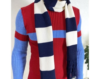 Knitted Striped Scarf Blue White Soft Meino Knit Scarf Unisix/long