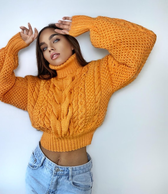 Crop Hand Knitted Orange Sweater Chunky Knit Turtleneck Oversized