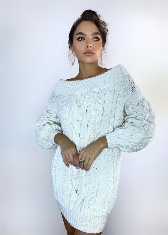 knee length dresses for ladies White Off The Shoulder Sweater Dress main image 1