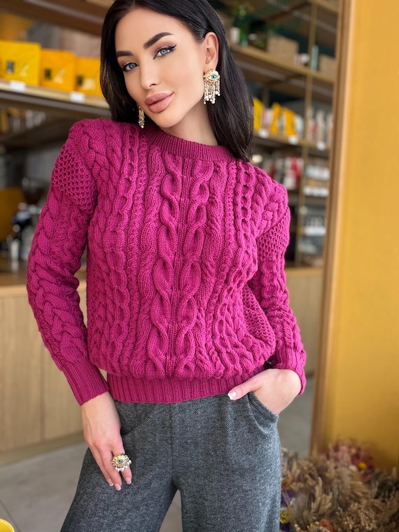 Hand Knit Cropped Fuchsia Soft Merino Wool Pink Sweater Women