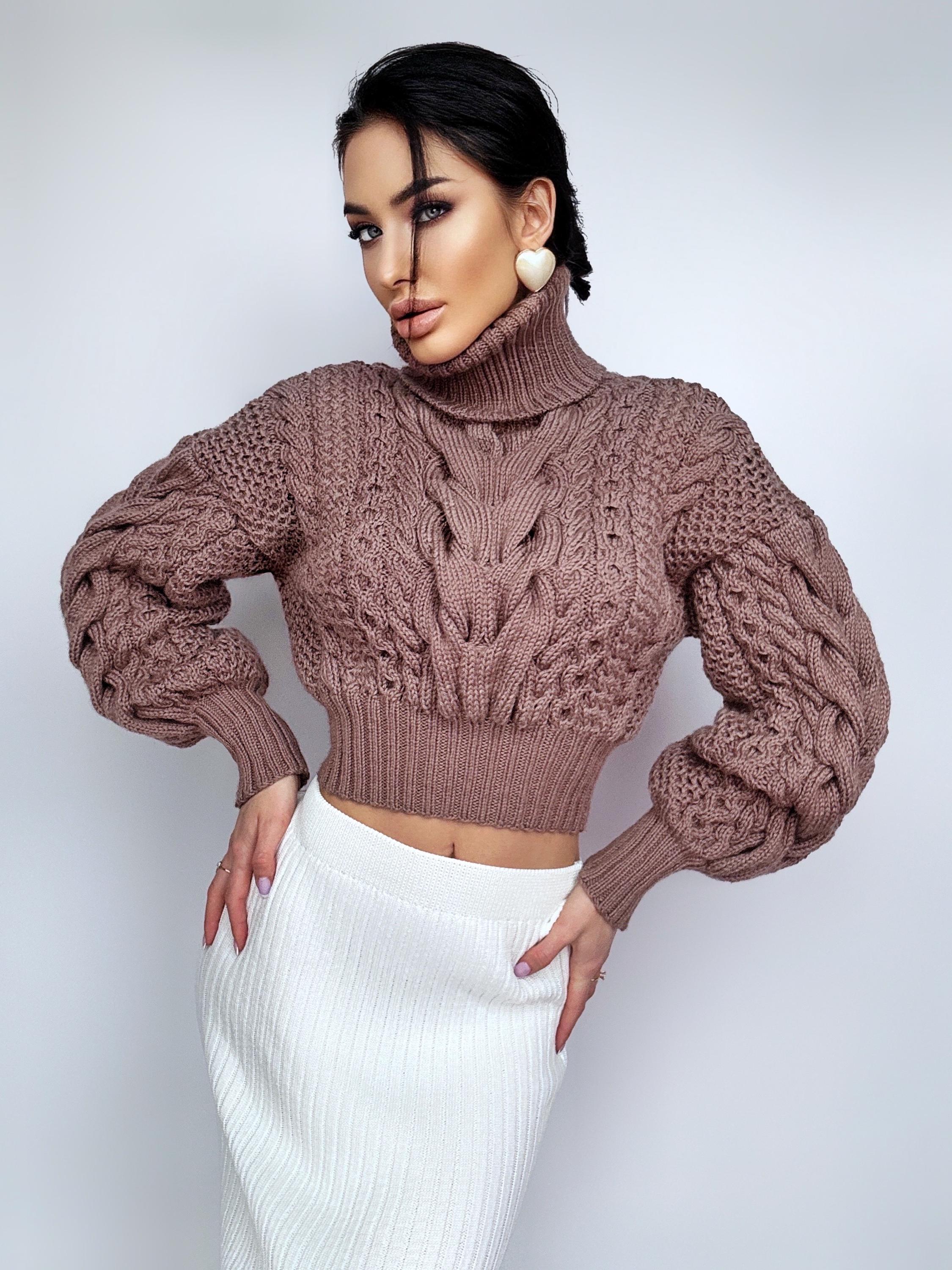 Crop Hand Knitted Chocolate Brown Retro Merino Wool Sweater Chunky