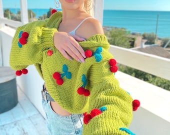 Chunky knit green crop cherry cardigan Strawberry cardigan Knitted crop sweater Loose sweater famous cardigan Unique gifts for her