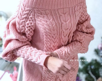 Aran long sweater-dress with open shoulders Pink knitted one shoulder dress Cable knit sweater/wide sleeves/off shoulder sweater for women