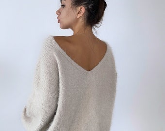 Beige soft fluffy wool-free sweater Hand knit body friendly sweater Open back Deep neckline Fluffy pullover Loose fit V-neck angora wool