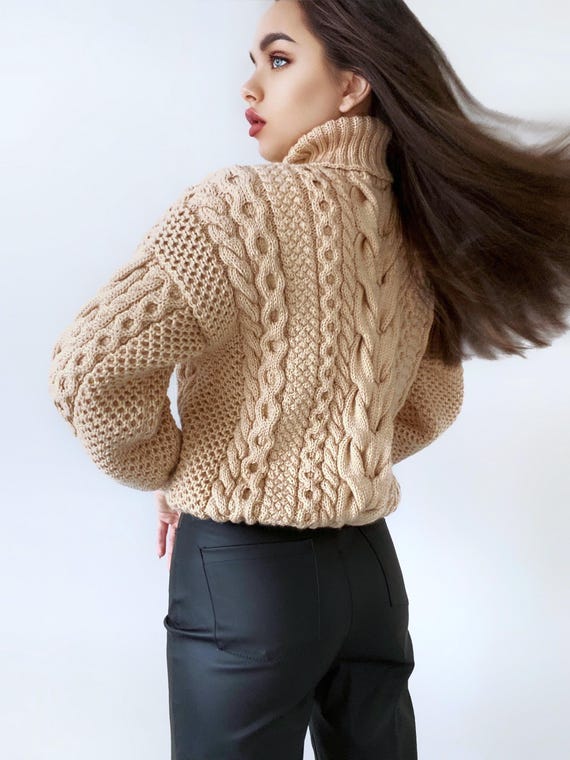 Hand Knit Sweater Chunky Knit Turtleneck Pullover Oversize Cozy
