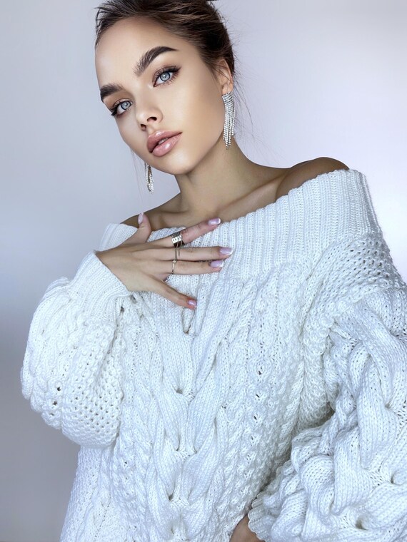 Hand Knit Sweater Dresses for Women White off Shoulder Sweater
