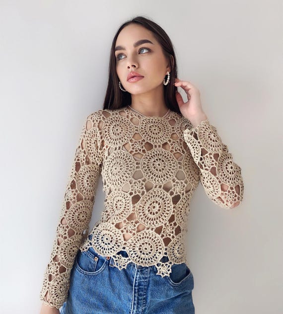 Cotton Beige Lace Crochet Blouse Top Crochet Crop Summer Sweater 