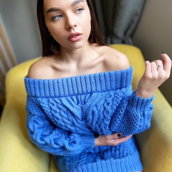 Hand knit sweater dress for women Blue cable sweater dress open shoulders Long women’s wool sweater braids chunky knit dress one shoulder