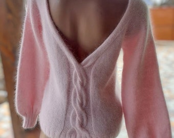 Angora light pink white sweater Open back Deep neckline Pastel fluffy angora pullover Loose fit oversized V-neck Top long sleevs Cozy gift