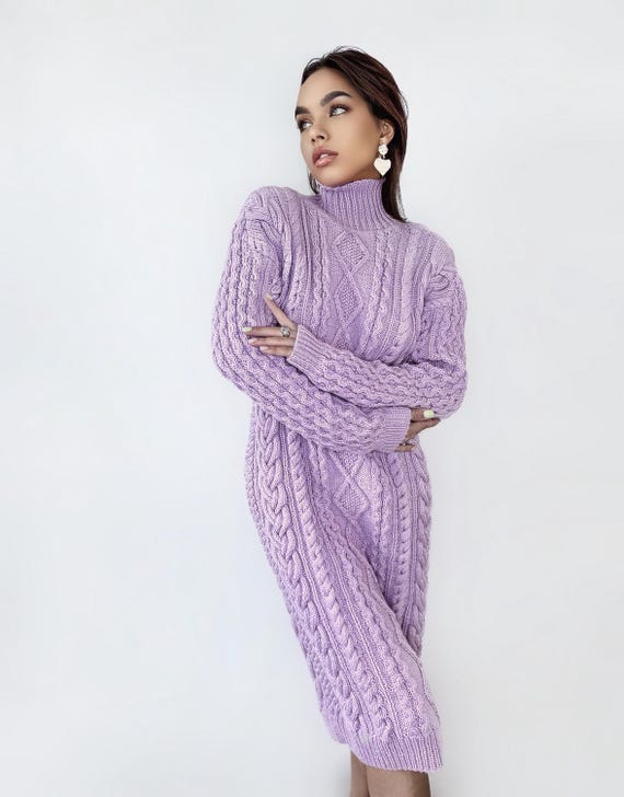 Hand knit sweater dress Chunky knit turtleneck pullover Oversize cozy sweater high collar Women Cable knit sweater Lilac Pink dress Tunic