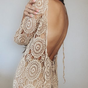 Vestido longo de crochê para praia, saída de praia, vestido midi marrom, bege e branco, vestido de noiva com costas abertas, vestido longo de verão boho