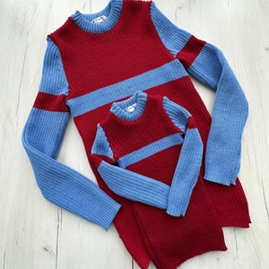 Family look hand knit red blue wool sweater/knit unisex sweater/Family Sweaters/Sweater for Mother and Daughter Father and Son/Turtleneck