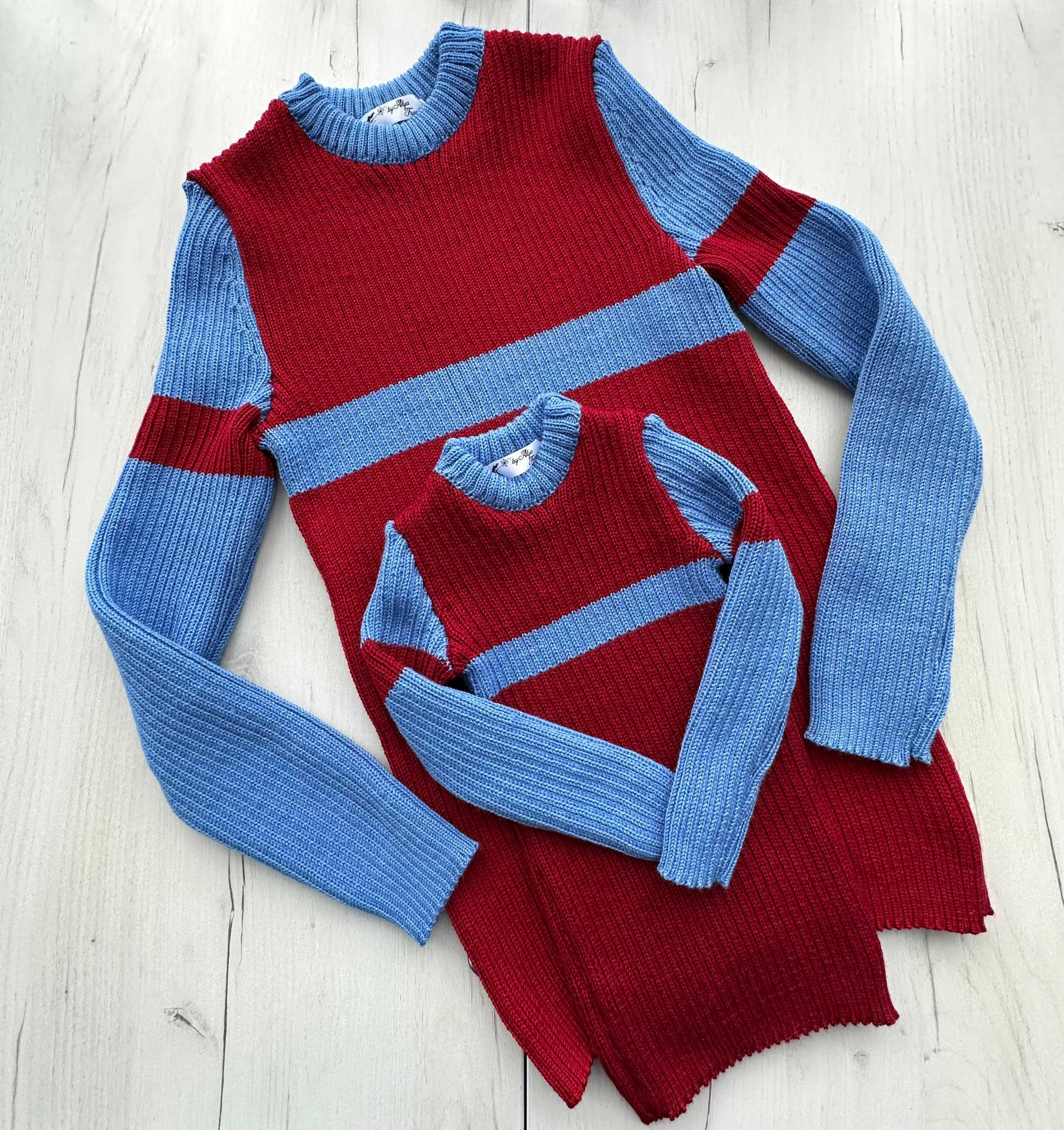 red and blue sweaters