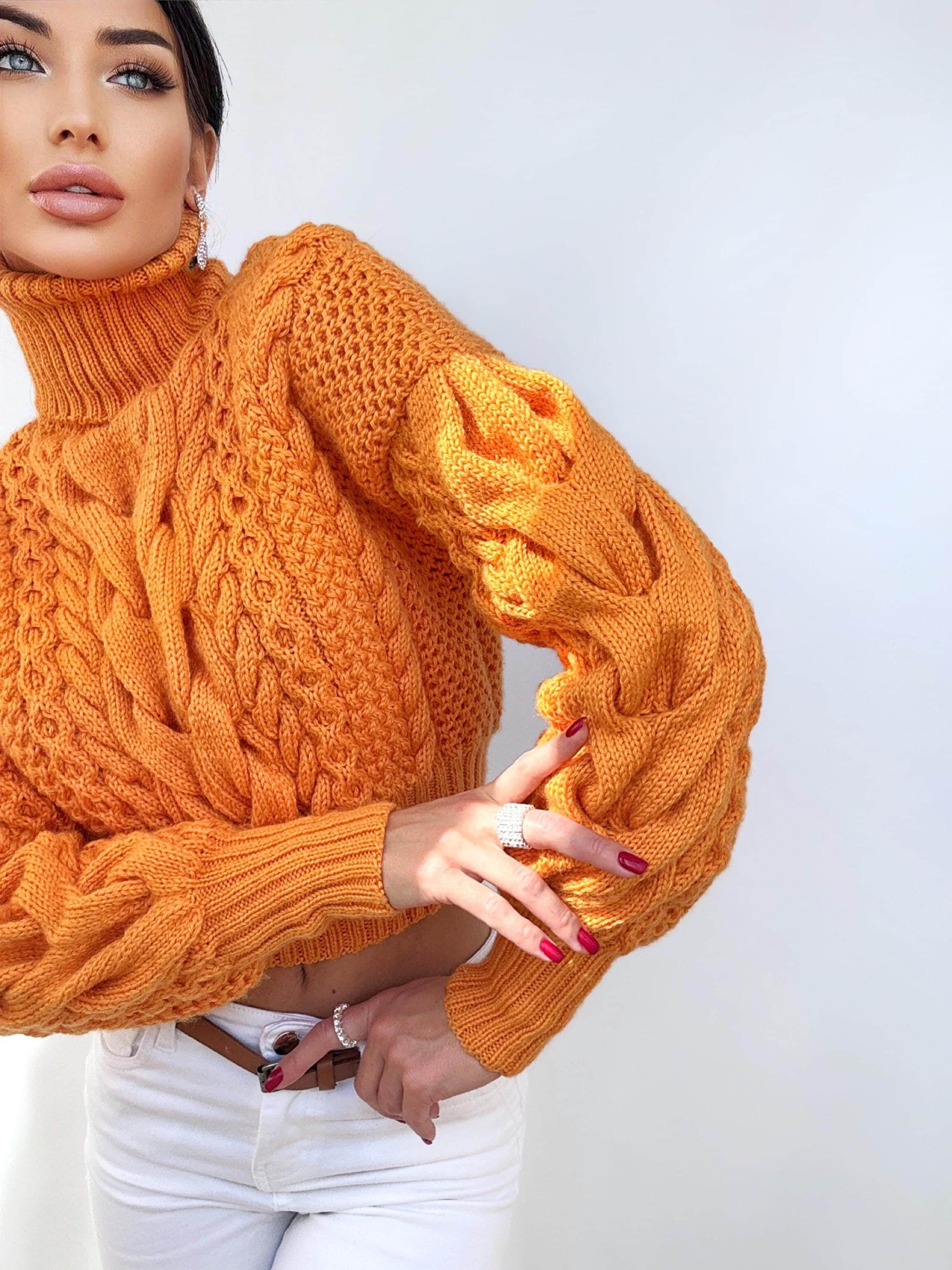 Crop Hand Knit Orange Sweater Chunky Turtleneck Oversized Pullover