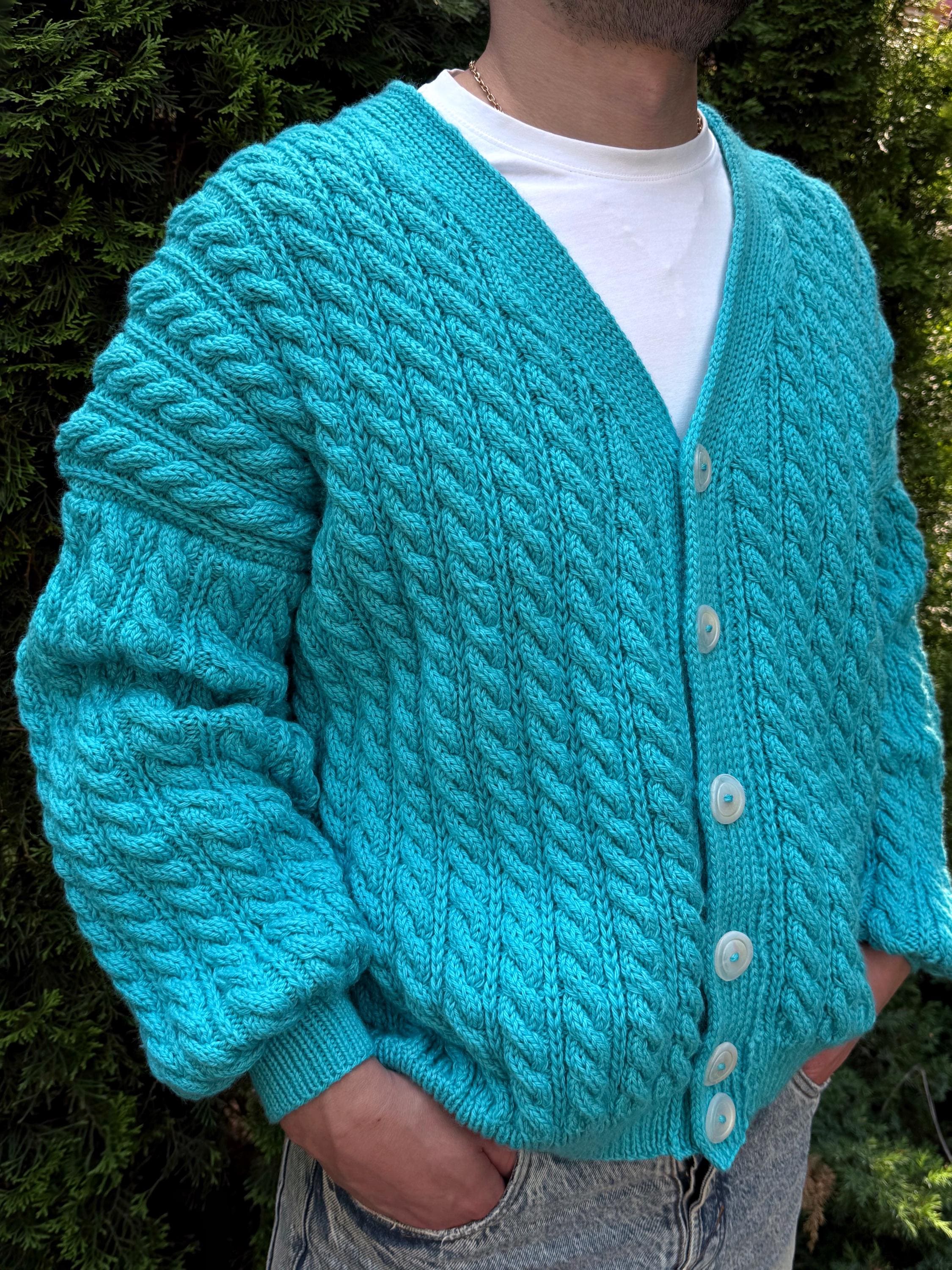 Chunky Knit Men's Unisex Merino Wool Cardigan Hand Knit Blue