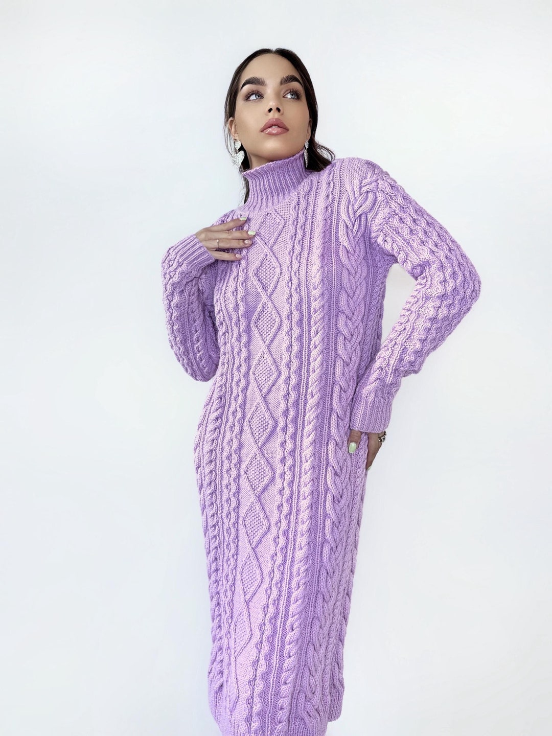 Hand Knit Sweater Dress Chunky Knit Turtleneck Pullover Oversize