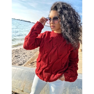 Chunky knit sweater Red sweater Oversized sweater Braids sweater Cable knit sweater burgundy sweater Women Knitwear turtleneck unique gifts