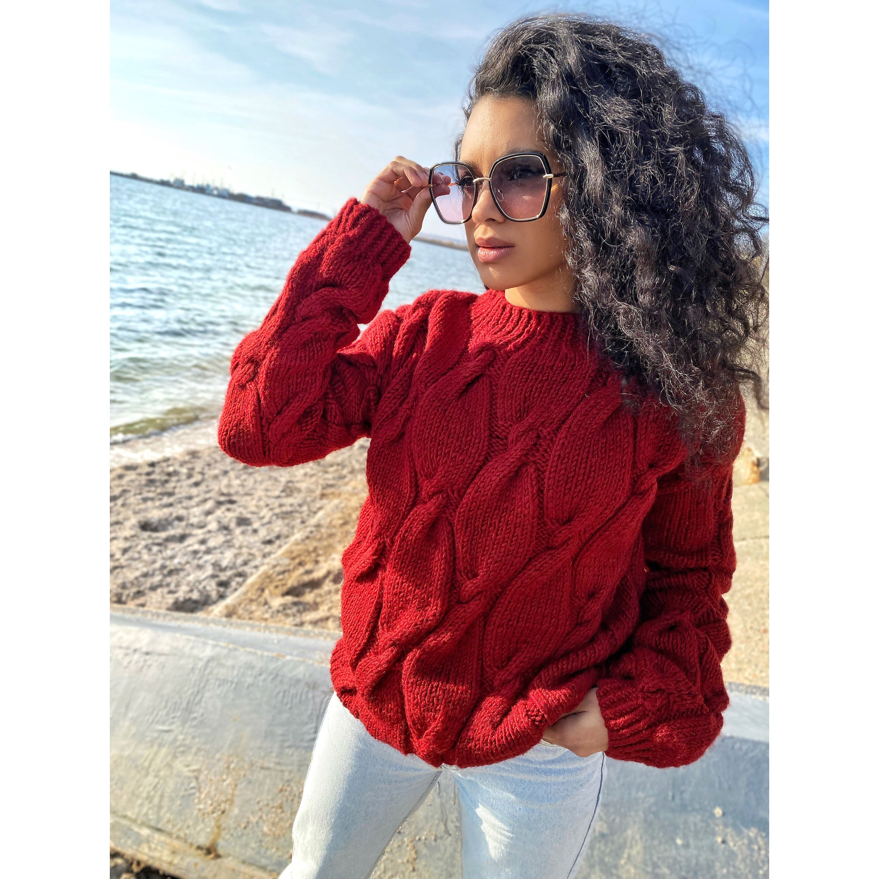 Chunky Knit Sweater Red Sweater Oversized Sweater Braids Chunky Knit Sweater Red Sweater Oversized Sweater Braids