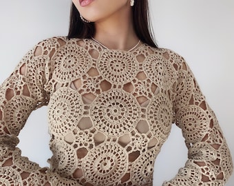 Crochet beige blouse Lace crochet top Crochet sweater Vintage crochet white  lace Long sleeve top 70s Boho Women Knit blouse gift for her