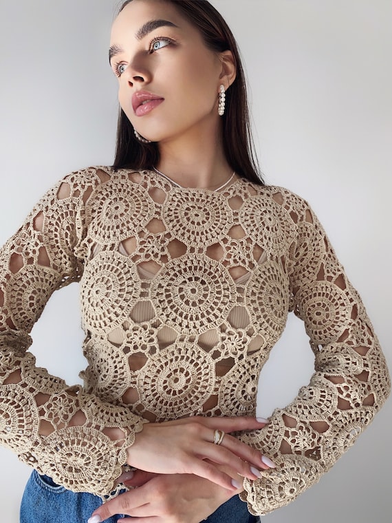 Gehaakte beige blouse Kant gehaakt topje Gehaakte trui Vintage gehaakt wit kant Top met lange mouwen jaren 70 Boho Vrouwen Gebreide blouse cadeau voor haar Etsy Nederland