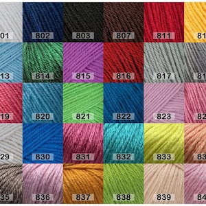 May include: A grid of thirty yarn skeins in various colors, each labeled with a numerical code from 801 to 845. The colors include white, black, brown, red, yellow, blue, green, purple, gray, pink, teal, lime, and tan, showing texture.