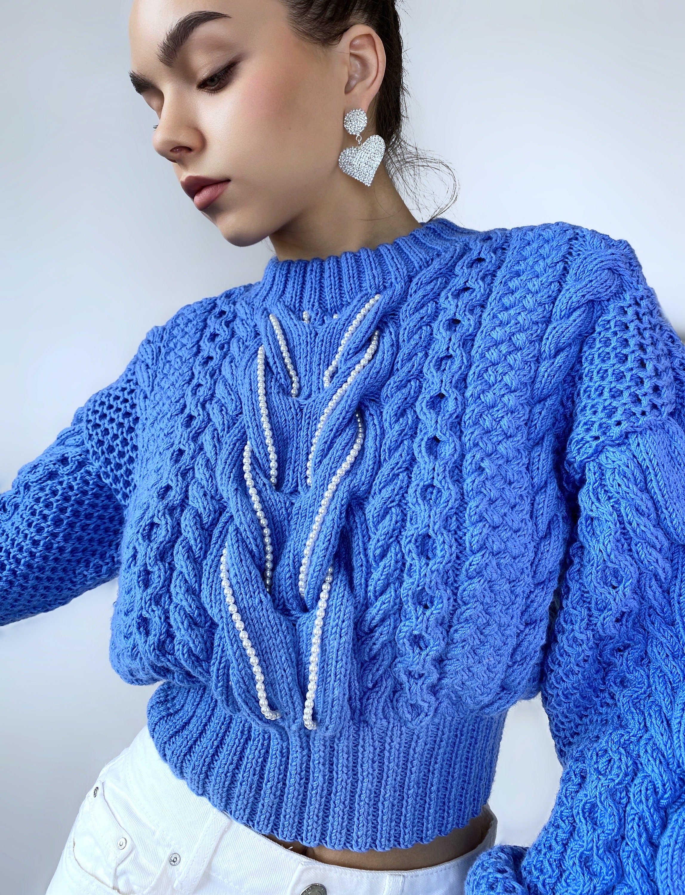 Cropped Blue Sweater Hand Knitted Braid Embellishment Beads Pearl